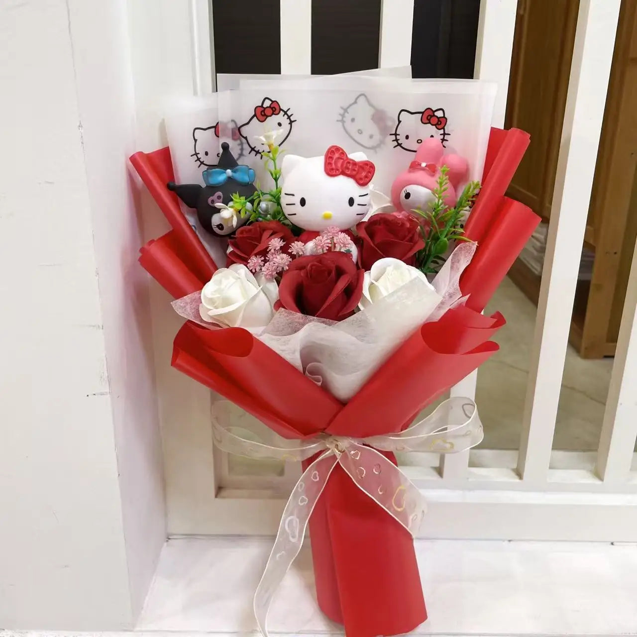 Kawaii Hello Kitty Cat Dolls with Artificial Flowers Creative Bouquet Christmas Valentine Birthday Graduation Gifts