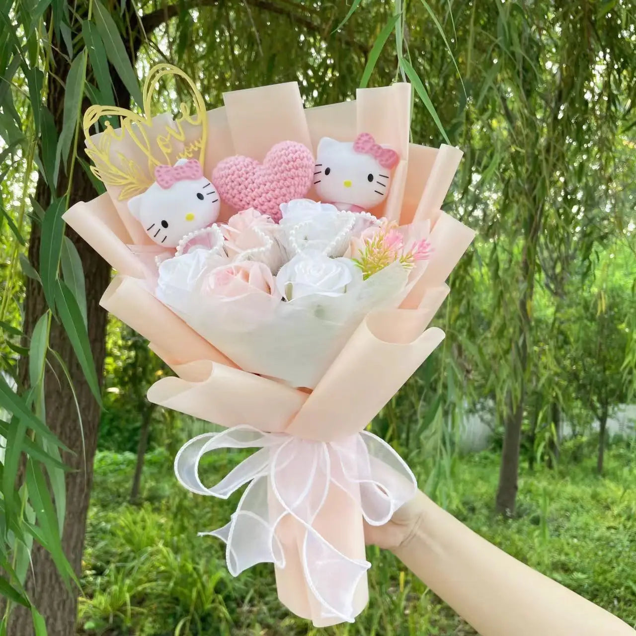 Kawaii Hello Kitty Cat Dolls with Artificial Flowers Creative Bouquet Christmas Valentine Birthday Graduation Gifts