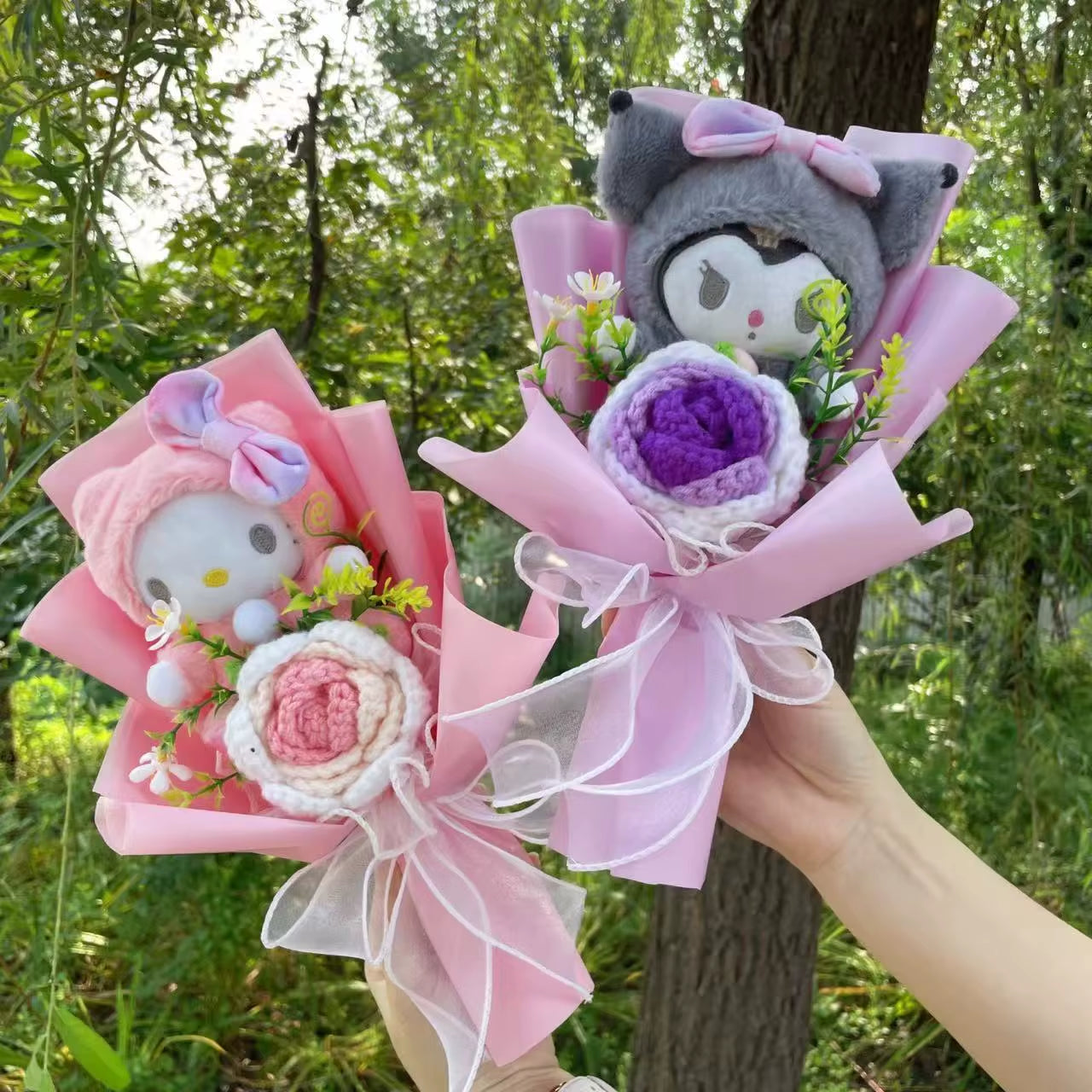 Kawaii Hello Kitty Cat Dolls with Artificial Flowers Creative Bouquet Christmas Valentine Birthday Graduation Gifts